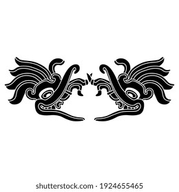 Symmetrical ethnic design or frame with two heads of fantastic monsters with open mouths. Native American art of Maya Indians. Black and white silhouette.