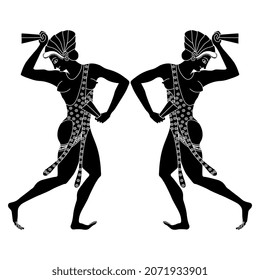 Symmetrical ethnic design or frame with two dancing ancient Greek girls. Black and white negative silhouette.