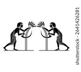 Symmetrical ethnic design with two ancient Egyptian men reaping cereal grass with a sickles. Agricultural harvest motif. Black and white silhouette.