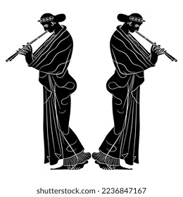 Symmetrical ethnic design with two ancient Greek women playing flutes. Vase painting style. Black and white negative silhouette.