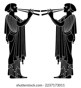 Symmetrical ethnic design with two ancient Greek women playing flutes. Vase painting style. Black and white negative silhouette.