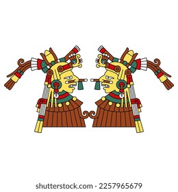 Symmetrical ethnic design with two ancient Mexican Aztec gods or goddesses. Codex illustration. Native American art. Isolated vector illustration.