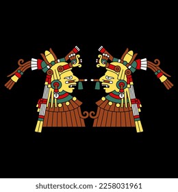 Symmetrical ethnic design with two ancient Mexican Aztec gods or goddesses. Codex illustration. Native American art. On black background.