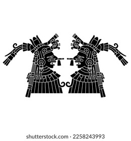 Symmetrical ethnic design with two ancient Mexican Aztec gods or goddesses. Codex illustration. Native American art. Black and white silhouette.