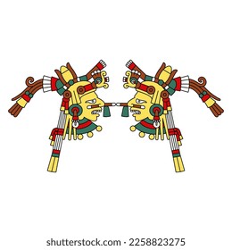 Symmetrical ethnic design with two ancient Mexican Aztec gods or goddesses. Codex illustration. Native American art. Isolated vector illustration.