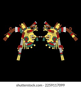 Symmetrical ethnic design with two ancient Mexican Aztec gods or goddesses. Codex illustration. Native American art. On black background.