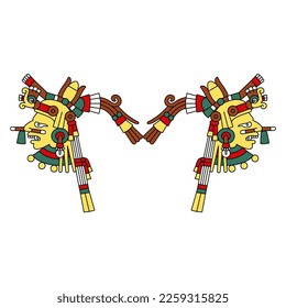 Symmetrical ethnic design with two ancient Mexican Aztec gods or goddesses. Codex illustration. Native American art. Isolated vector illustration.