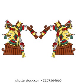 Symmetrical ethnic design with two ancient Mexican Aztec gods or goddesses. Codex illustration. Native American art. Isolated vector illustration.