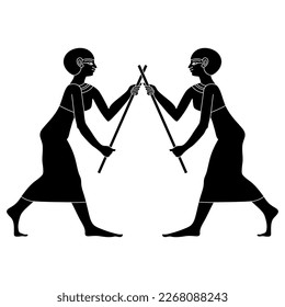 Symmetrical ethnic design with two ancient Egyptian women fighting with sticks. Black and white silhouette.