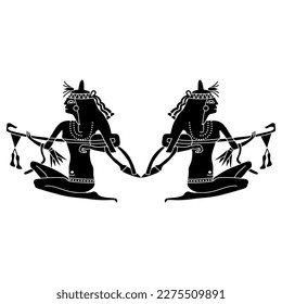 Symmetrical ethnic design with two ancient Egyptian girls playing lutes. Black and white silhouette. Isolated vector illustration. 