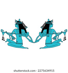 Symmetrical ethnic design with two ancient Egyptian girls playing lutes. Isolated vector illustration. 