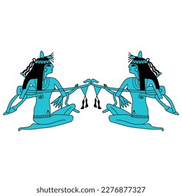 Symmetrical ethnic design with two ancient Egyptian girls playing lutes. Isolated vector illustration. 