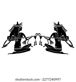 Symmetrical ethnic design with two ancient Egyptian girls playing lutes. Black and white silhouette. Isolated vector illustration. 
