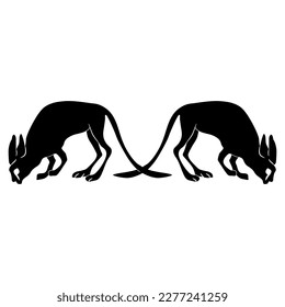 Symmetrical ethnic design with two ancient Egyptian animals. Stylized Jerboa. (Allactaga tetradactyla). African desert rodent. Black and white silhouette. 