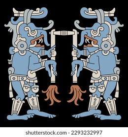 Symmetrical ethnic design with two ancient Mayan monster deities holding torches. Rain god Chaac. Codex design. On black background.