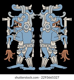 Symmetrisches ethnisches Design mit zwei uralten Maya-Monstergöttern, die Fackeln halten. Regen Sie Gott Chaak. Codex-Design. Auf schwarzem Hintergrund.