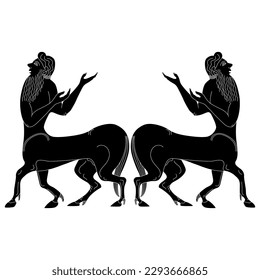Symmetrical ethnic design with two ancient Greek centaurs. Half men half horses. Vase painting style. Black and white silhouette.