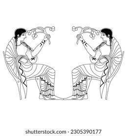 Symmetrical ethnic design with two ancient Greek women sitting in chairs and holding flower branches. Demeter and Persephone. Vase painting style. Black and white linear silhouette.