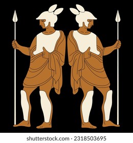 Symmetrisches ethnisches Design mit zwei antiken griechischen Kriegern. Zwei Helden. Dioscuri Brüder. Auf schwarzem Hintergrund.