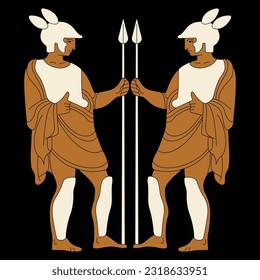 Symmetrisches ethnisches Design mit zwei antiken griechischen Kriegern. Zwei Helden. Dioscuri Brüder. Auf schwarzem Hintergrund.