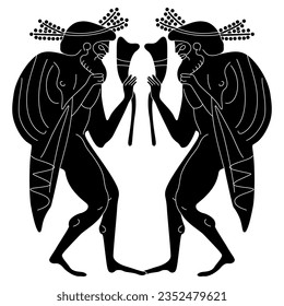 Symmetrical ethnic design with two ancient Greek men holding rhytons of wine. Vase painting style. Black and white negative silhouette.