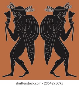 Diseño étnico simétrico con dos antiguos hombres griegos sosteniendo ritos de vino. Estilo de pintura de malla.