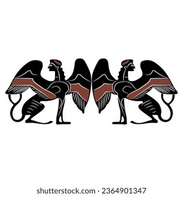 Symmetrical ethnic design with two ancient Greek sphinxes. Fantastic female winged cat woman. Vase painting style. Antique mythological creature. Isolated vector illustration.