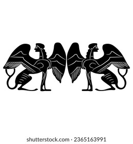 Symmetrical ethnic design with two ancient Greek sphinxes. Fantastic female winged cat woman. Vase painting style. Antique mythological creature. Black and white silhouette.