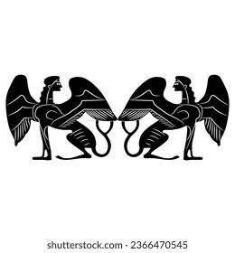 Symmetrical ethnic design with two ancient Greek sphinxes. Fantastic female winged cat woman. Vase painting style. Antique mythological creature. Black and white silhouette.