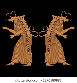 Symmetrical ethnic design with two ancient Greek women or maenads. Vase painting style.