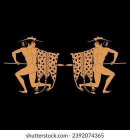 Symmetrical ethnic design with two ancient Greek characters with spears, hats and leopard skins. Fighting warriors, amazons or maenads. Vase painting style. Orange silhouette on black background.