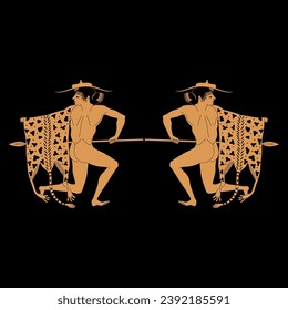 Diseño étnico simétrico con dos antiguos personajes griegos con lanzas, sombreros y pieles leopardos. Guerreros luchadores, amazonas o ménades. Estilo de pintura de malla. Silueta naranja sobre fondo negro.