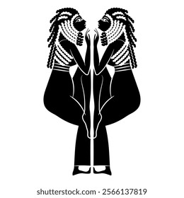 Symmetrical ethnic design with two ancient Egyptian women. Black and white silhouette.