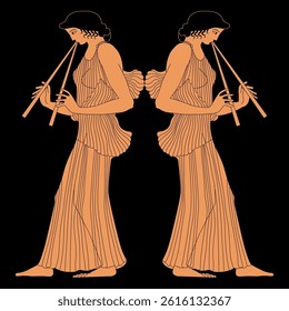 Symmetrical ethnic design with two Ancient Greek women playing flutes. Vase painting style.