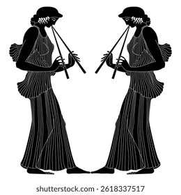 Symmetrical ethnic design with two Ancient Greek women playing flutes. Vase painting style. Black and white silhouette.