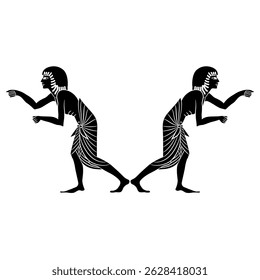 Symmetrical ethnic design with two ancient Egyptian men in profile in dynamic pose. Black and white silhouette.