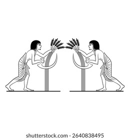 Symmetrical ethnic design with two ancient Egyptian men reaping cereal grass with a sicklee. Agricultural harvest motif. Black and white linear silhouette.