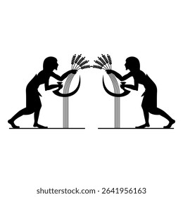 Symmetrical ethnic design with two ancient Egyptian men reaping cereal grass with a sickles. Agricultural harvest motif. Black silhouette on white background.