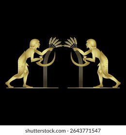 Design étnico simétrico com dois homens egípcios antigos colhendo grama de cereais com foices. Motivo da colheita agrícola. Silhueta brilhante dourada sobre fundo preto.
