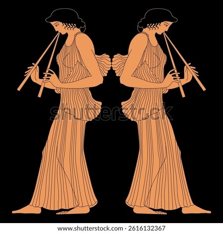 Symmetrical ethnic design with two Ancient Greek women playing flutes. Vase painting style.
