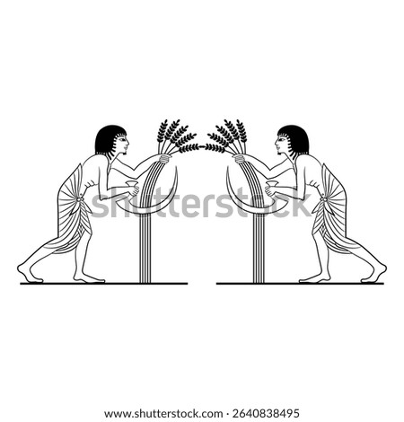 Symmetrical ethnic design with two ancient Egyptian men reaping cereal grass with a sicklee. Agricultural harvest motif. Black and white linear silhouette.