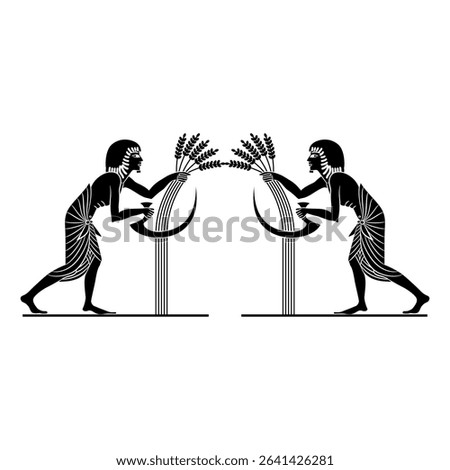 Symmetrical ethnic design with two ancient Egyptian men reaping cereal grass with a sickles. Agricultural harvest motif. Black and white silhouette.