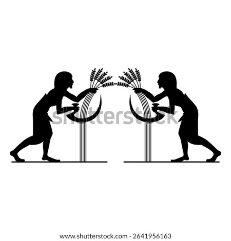 Symmetrical ethnic design with two ancient Egyptian men reaping cereal grass with a sickles. Agricultural harvest motif. Black silhouette on white background.