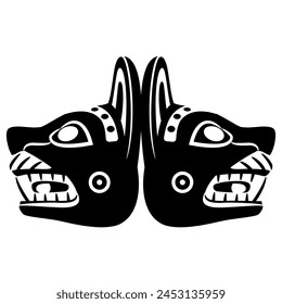 Symmetrical ethnic design with two animal heads in profile. Wari culture. Native American art of ancient Peru. Black and white silhouette.