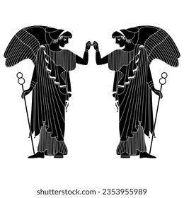 Symmetrical ethnic design with two antique angels. Ancient Greek winged goddess Nike or Victory with caduceus. Black and white silhouette.