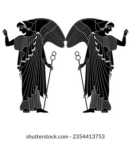 Symmetrical ethnic design with two antique angels. Ancient Greek winged goddess or Victory with caduceus. Black and white silhouette.