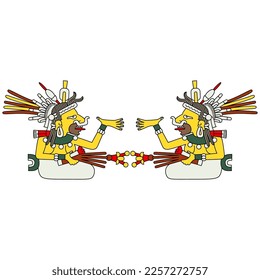 Symmetrical ethnic design with two Aztec women. Goddess Tlazōlteōtl. From Mexican codex. Isolated vector illustration.