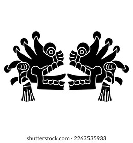 Symmetrical ethnic design with two Aztec skulls with open mouths and stick out tongues. Native American symbol from Mexican codex. Black and white silhouette.
