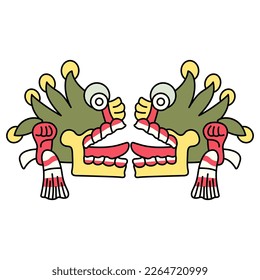 Symmetrical ethnic design with two Aztec skulls with open mouths and tongues stick out. Native American symbol from Mexican codex. Isolated vector illustration.