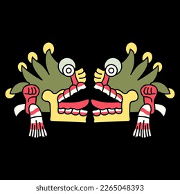 Symmetrical ethnic design with two Aztec skulls with open mouths and tongues stick out. Native American symbol from Mexican codex. On black background.